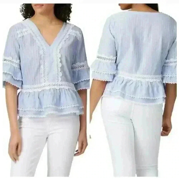J Crew Faded Lace Trim Top NWT New Womens Size Small Light Blue and White - Picture 3 of 14